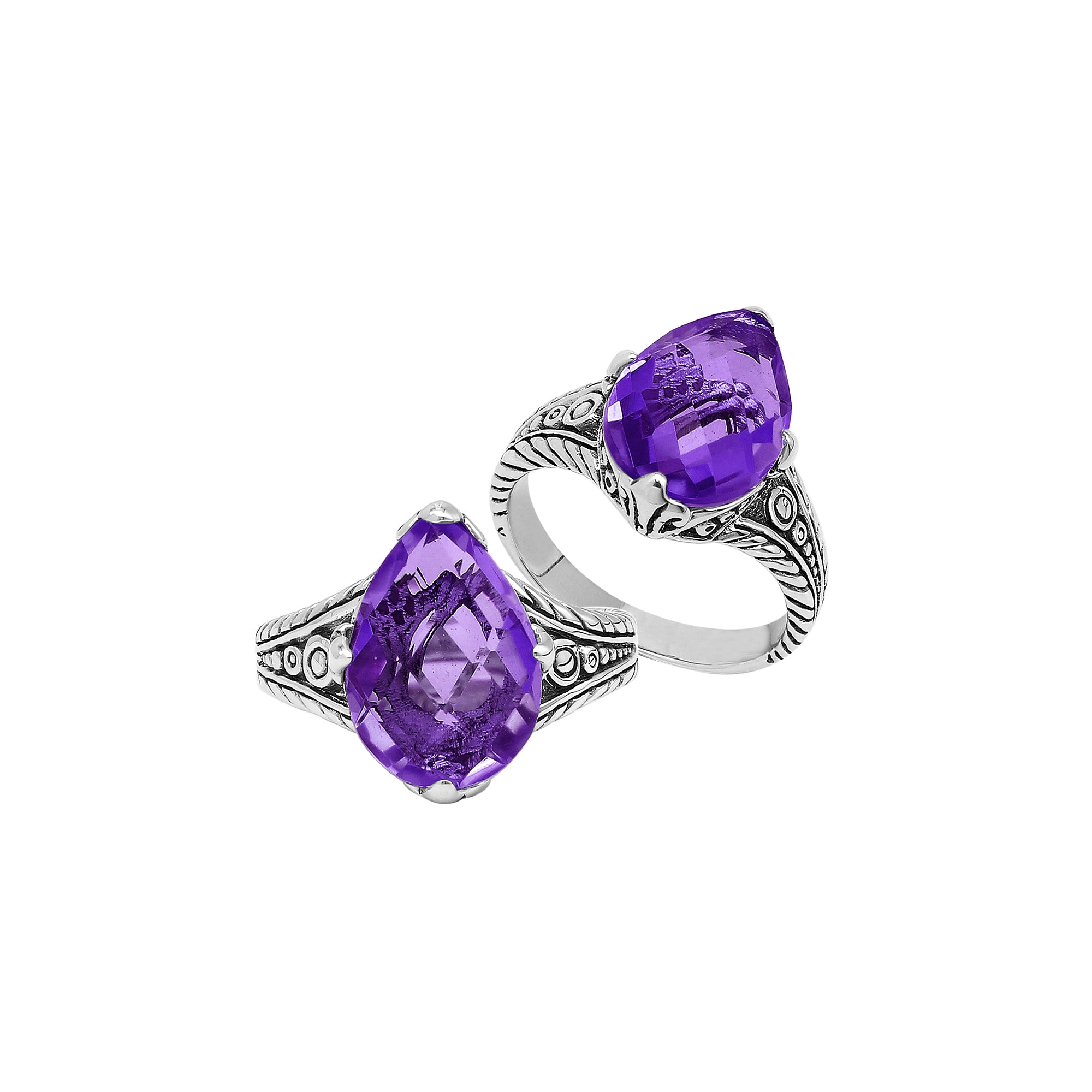 Sterling Silver Amethyst Quartz Teardrop Royal Heritage Ring With Balinese Engraving.