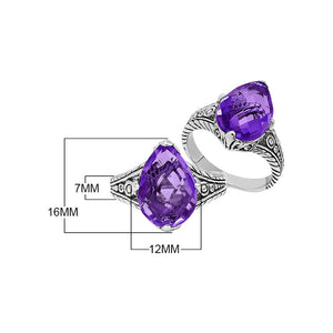 Sterling Silver Amethyst Quartz Teardrop Royal Heritage Ring With Balinese Engraving.