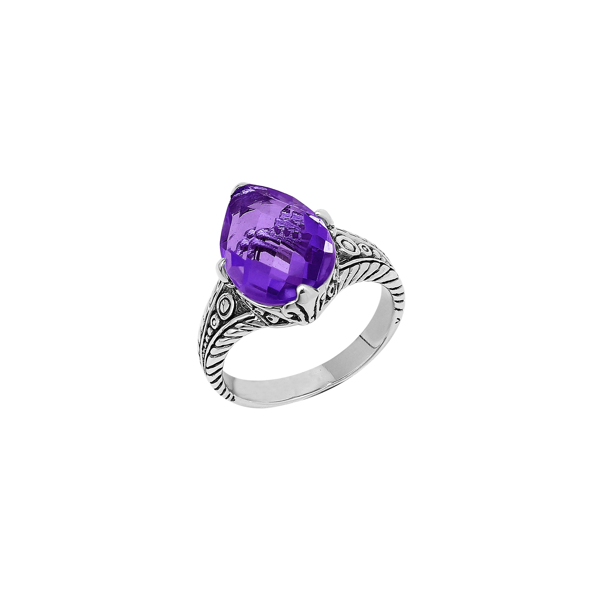 Sterling Silver Amethyst Quartz Teardrop Royal Heritage Ring With Balinese Engraving.