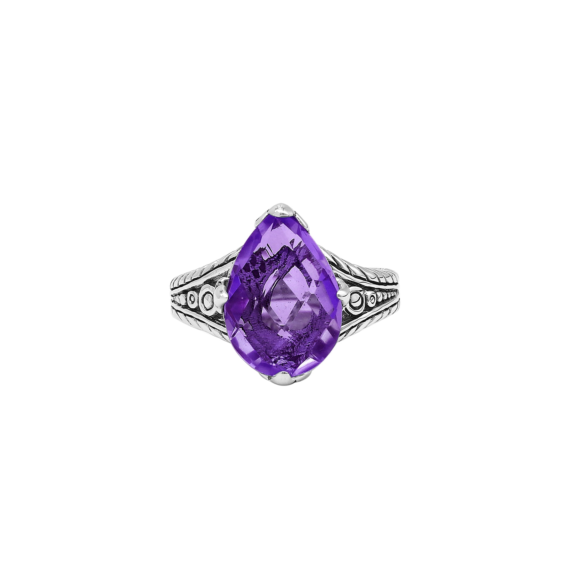 Sterling Silver Amethyst Quartz Teardrop Royal Heritage Ring With Balinese Engraving.