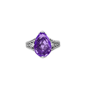 Sterling Silver Amethyst Quartz Teardrop Royal Heritage Ring With Balinese Engraving.