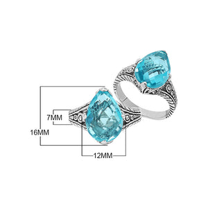 Sterling Silver Blue Topaz Quartz Teardrop Royal Heritage Ring With Balinese Engraving.