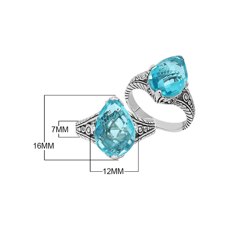 Sterling Silver Blue Topaz Quartz Teardrop Royal Heritage Ring With Balinese Engraving.