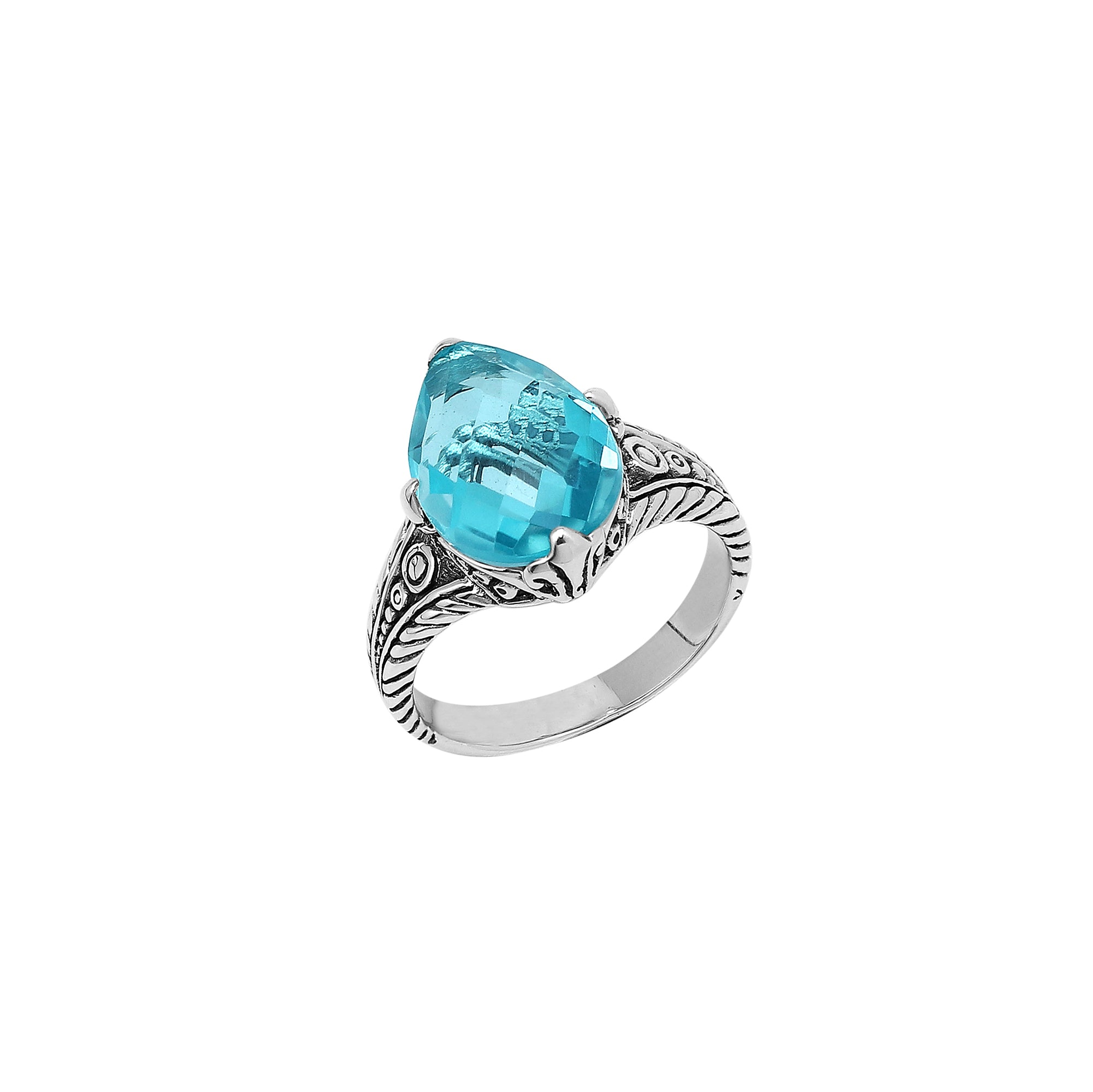 Sterling Silver Blue Topaz Quartz Teardrop Royal Heritage Ring With Balinese Engraving.