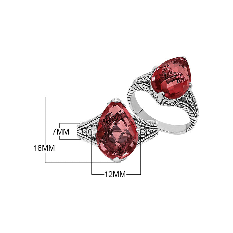 Sterling Silver Garnet Quartz Teardrop Royal Heritage Ring With Balinese Engraving.