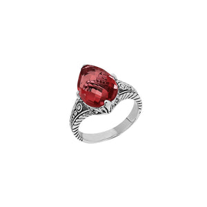 Sterling Silver Garnet Quartz Teardrop Royal Heritage Ring With Balinese Engraving.