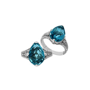 Sterling Silver London Blue Topaz Quartz Teardrop Royal Heritage Ring With Balinese Engraving.