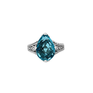 Sterling Silver London Blue Topaz Quartz Teardrop Royal Heritage Ring With Balinese Engraving.