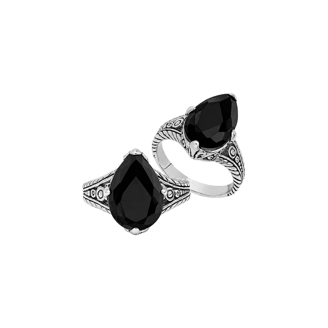 Sterling silver Black Onyx pear shape statement ring with handcrafted Balinese detailing