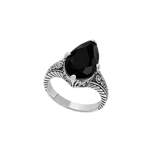 Sterling silver Black Onyx pear shape statement ring with handcrafted Balinese detailing