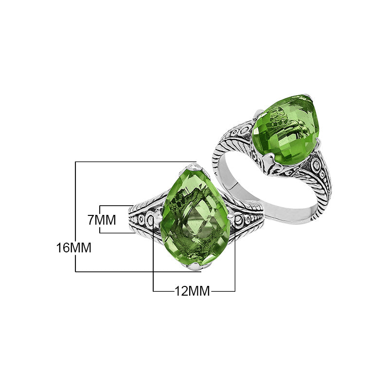 Sterling Silver Peridot Quartz Teardrop Royal Heritage Ring With Balinese Engraving.