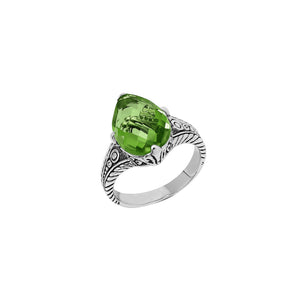Sterling Silver Peridot Quartz Teardrop Royal Heritage Ring With Balinese Engraving.