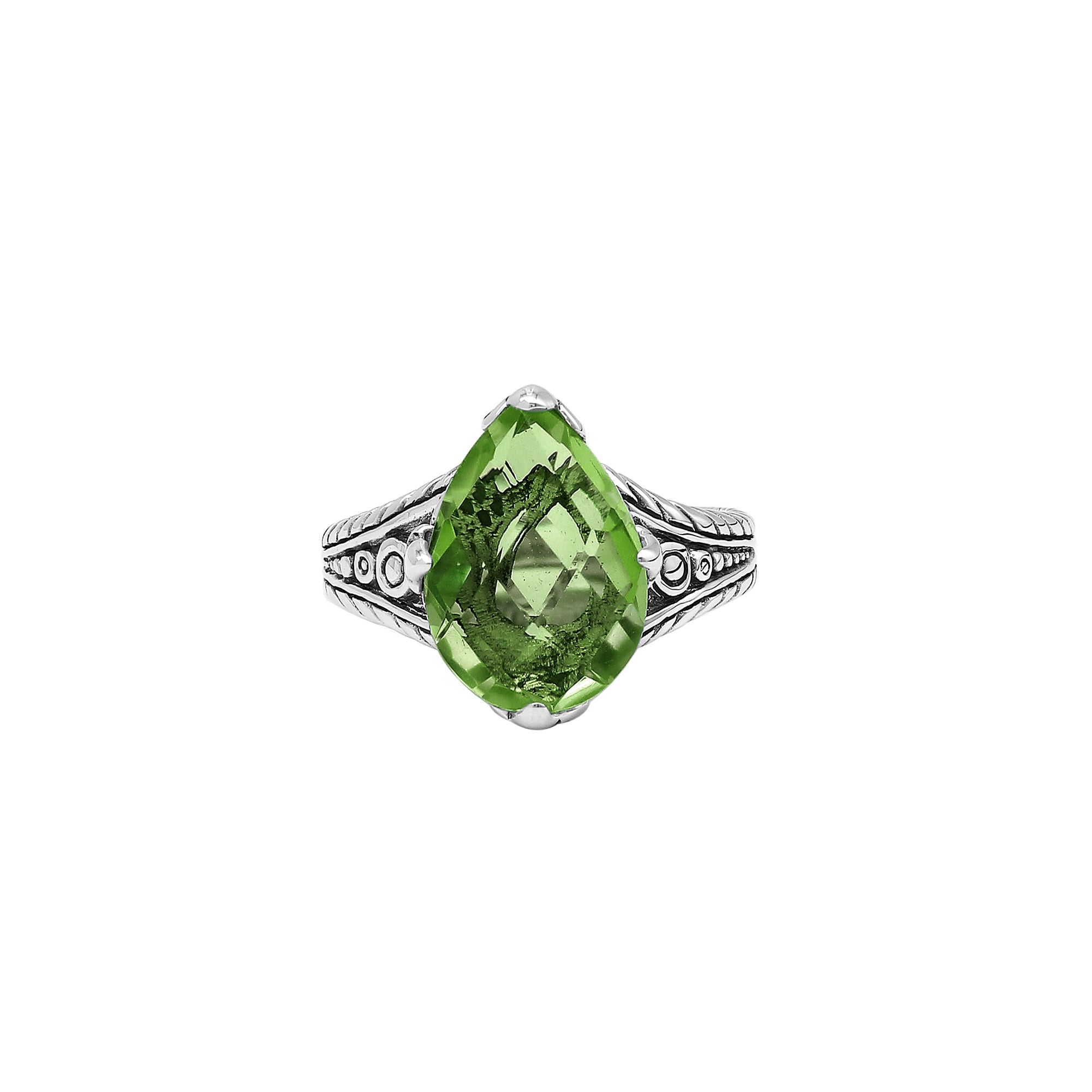 Sterling Silver Peridot Quartz Teardrop Royal Heritage Ring With Balinese Engraving.