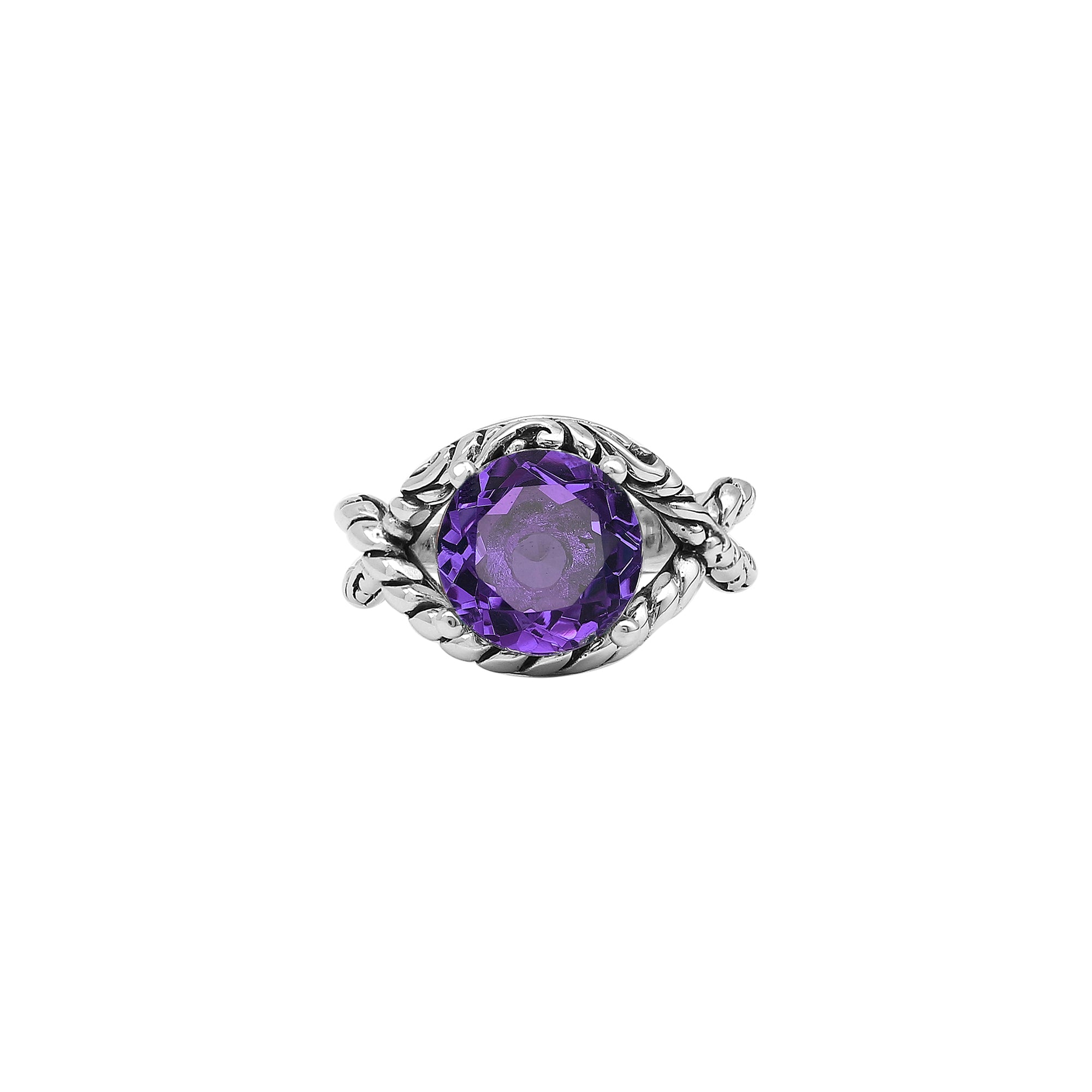 Sterling Silver Amethyst Quartz Rope Design Heritage Ring With Balinese Craft Detailing.