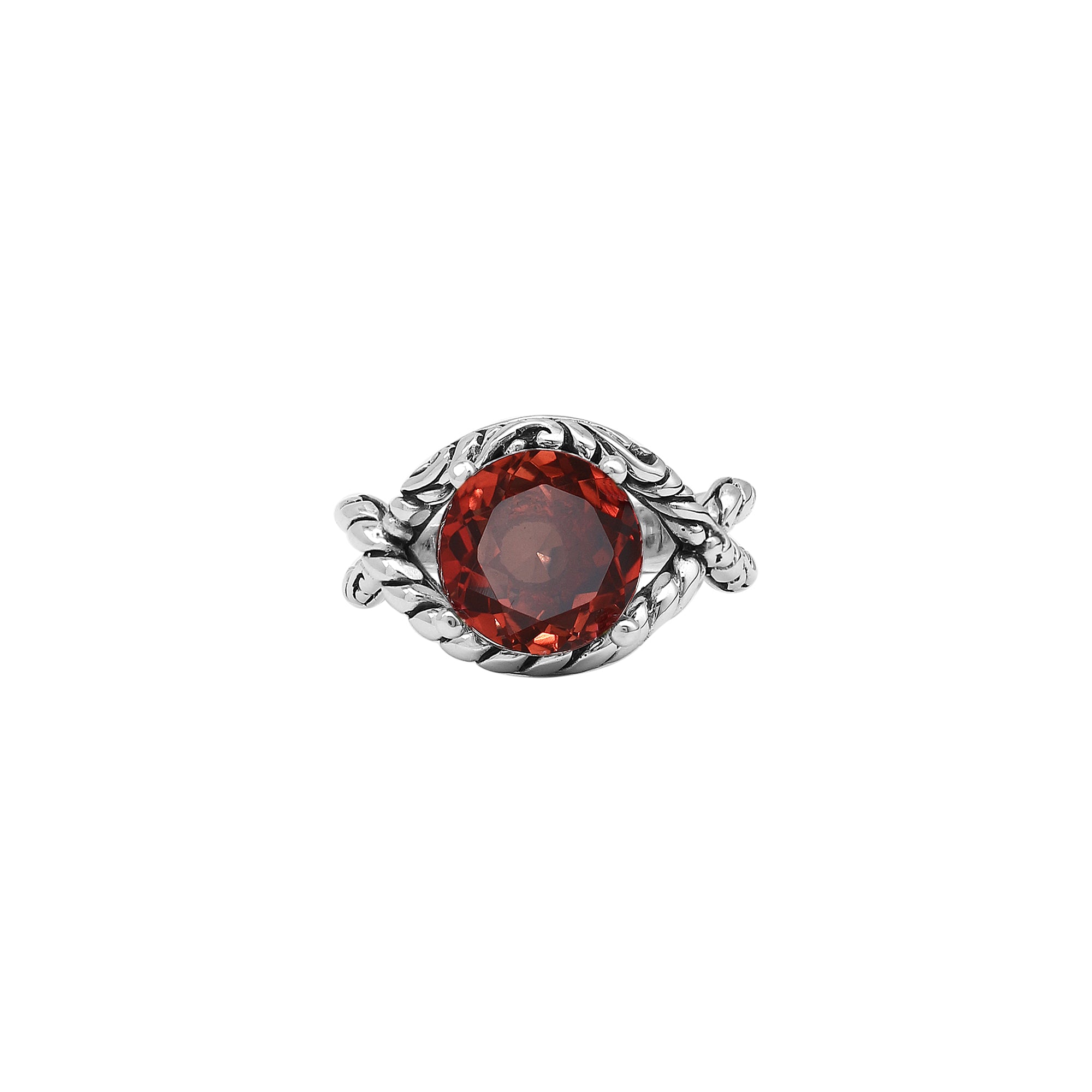 Sterling Silver Garnet Quartz Rope Design Heritage Ring With Balinese Craft Detailing.