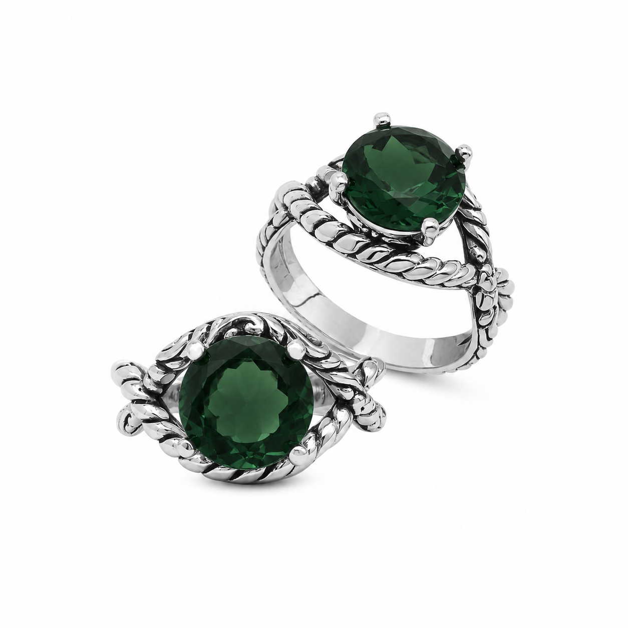 Sterling silver Green Quartz round statement ring with handcrafted rope detailing