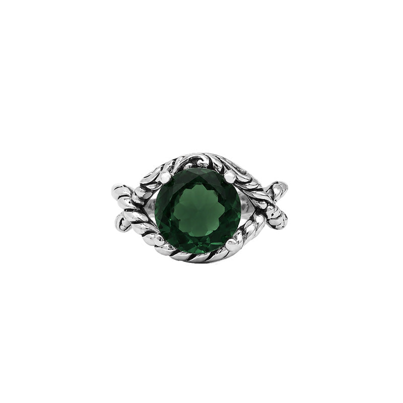 Sterling silver Green Quartz round statement ring with handcrafted rope detailing