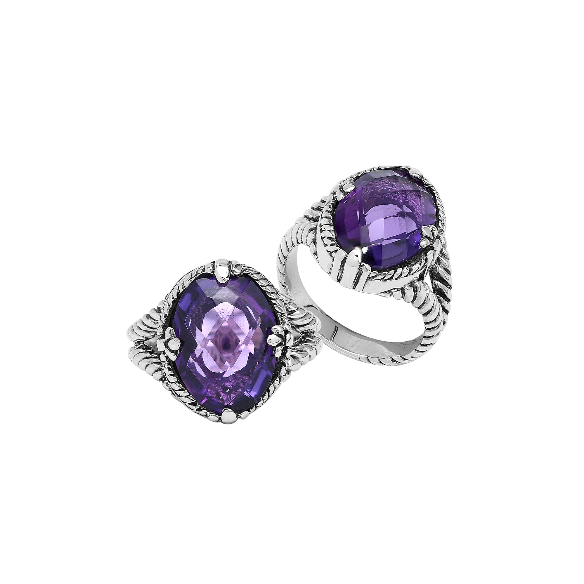 Sterling Silver Amethyst Quartz Oval Rope Design Heritage Ring With Balinese Craft Detailing.