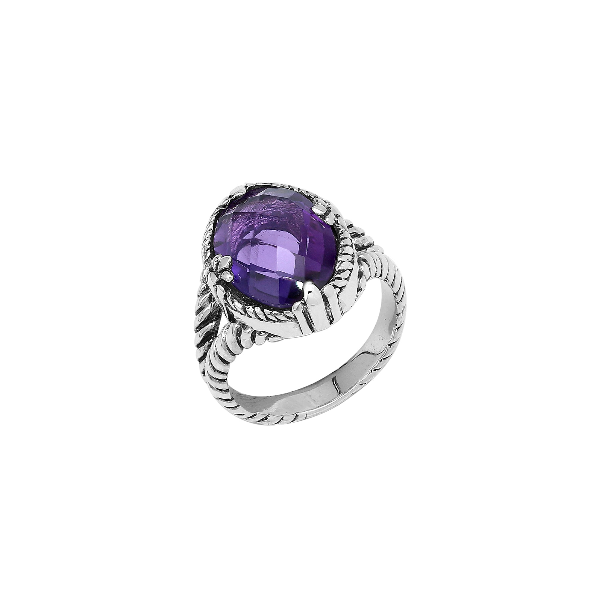 Sterling Silver Amethyst Quartz Oval Rope Design Heritage Ring With Balinese Craft Detailing.