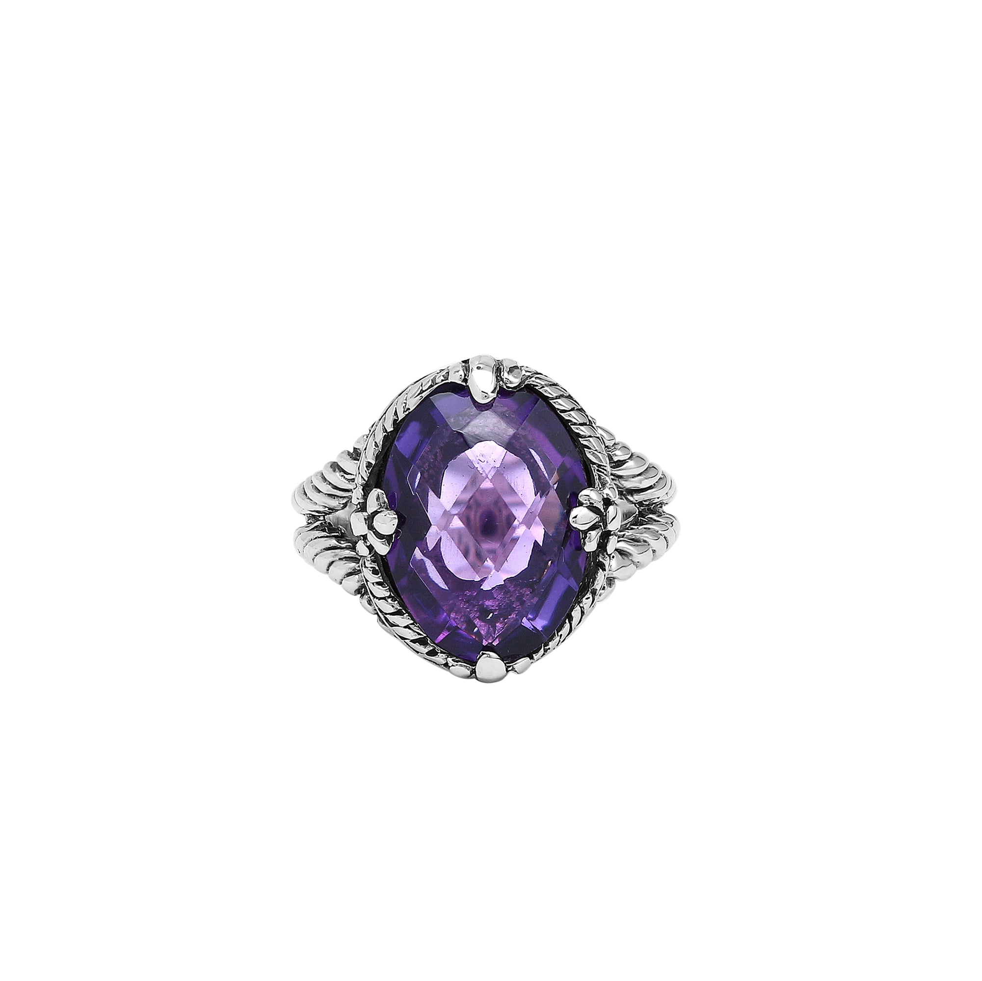 Sterling Silver Amethyst Quartz Oval Rope Design Heritage Ring With Balinese Craft Detailing.