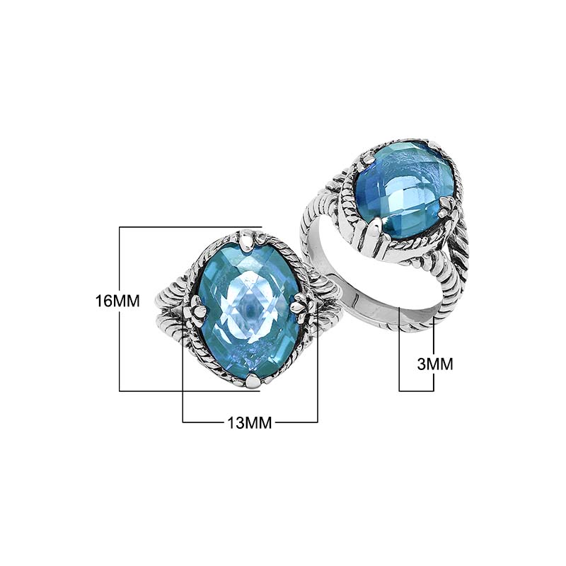 Sterling Silver Blue Topaz Quartz Oval Rope Design Heritage Ring With Balinese Craft Detailing.