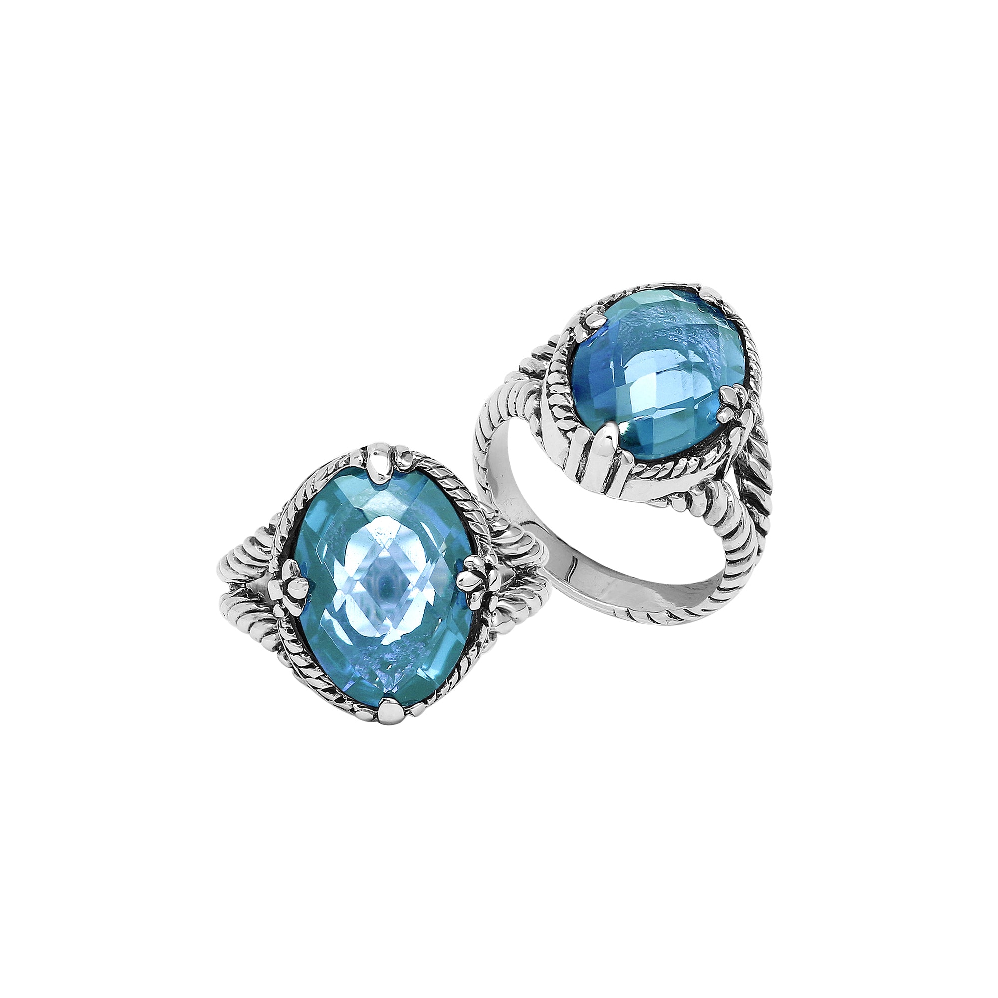 Sterling Silver Blue Topaz Quartz Oval Rope Design Heritage Ring With Balinese Craft Detailing.