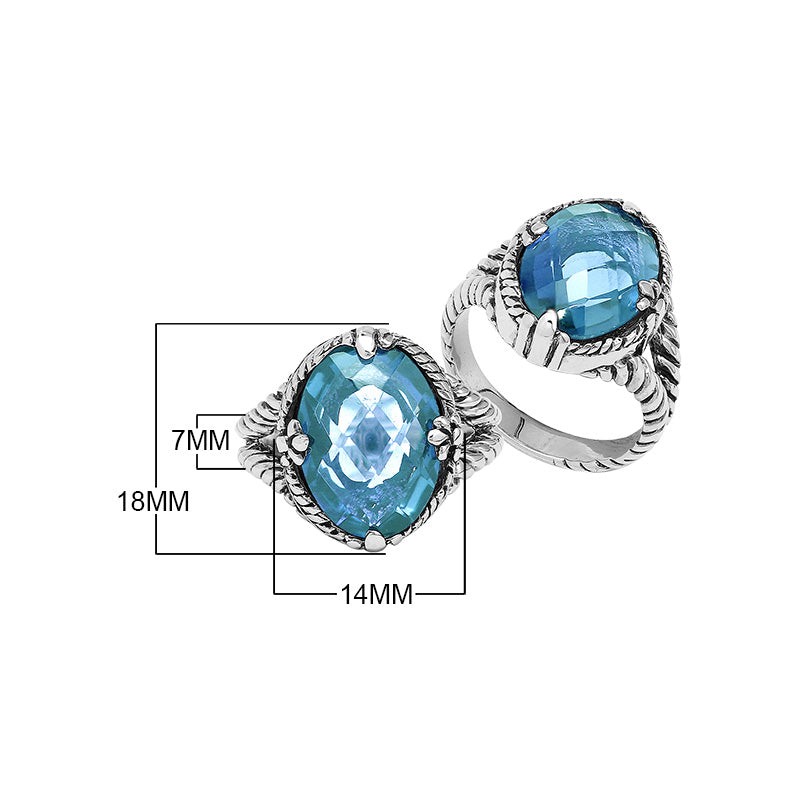 Sterling Silver Blue Topaz Quartz Oval Rope Design Heritage Ring With Balinese Craft Detailing.