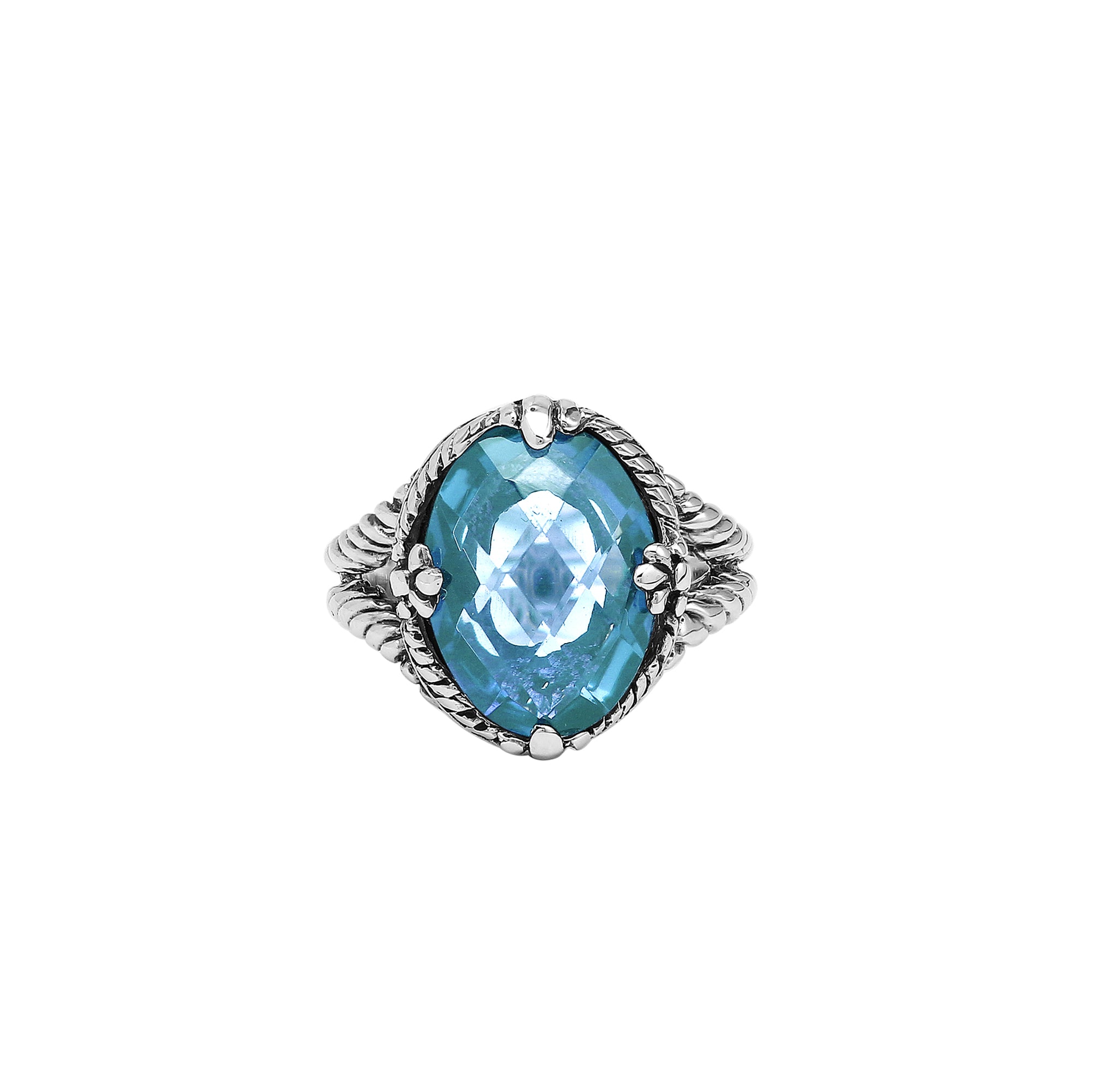 Sterling Silver Blue Topaz Quartz Oval Rope Design Heritage Ring With Balinese Craft Detailing.