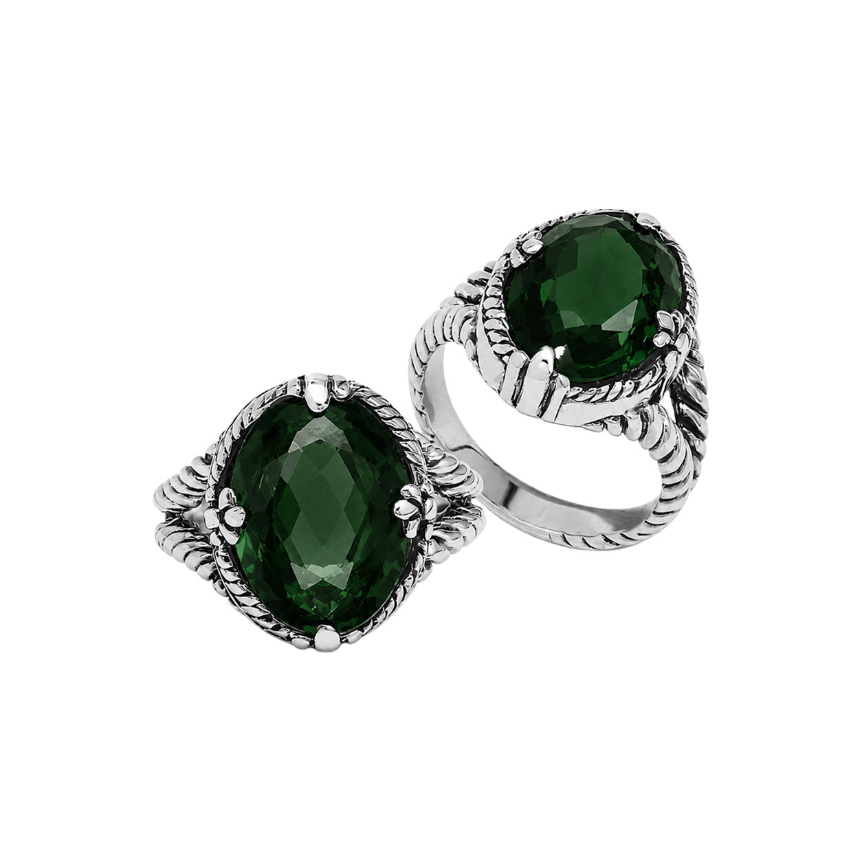 Sterling silver Green Quartz oval-cut statement ring with handcrafted rope detailing