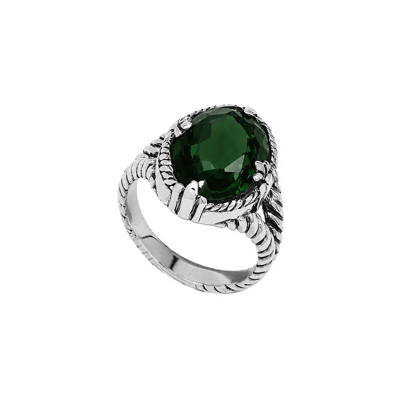 Sterling silver Green Quartz oval-cut statement ring with handcrafted rope detailing