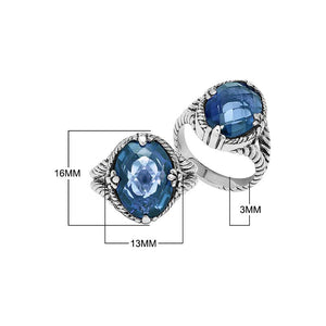 Sterling Silver London Blue Topaz Quartz Oval Rope Design Heritage Ring With Balinese Craft Detailing.