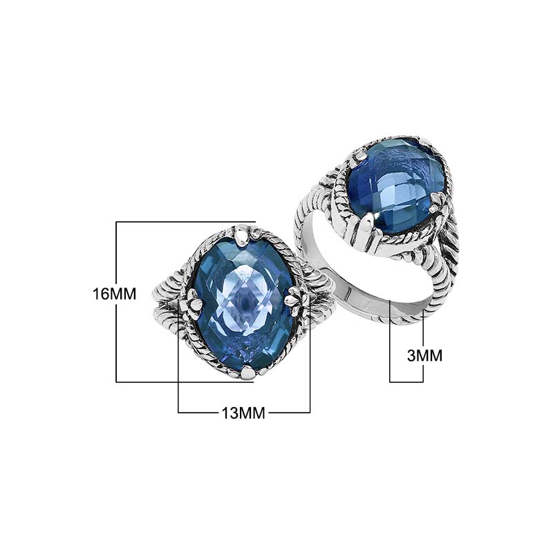 Sterling Silver London Blue Topaz Quartz Oval Rope Design Heritage Ring With Balinese Craft Detailing.