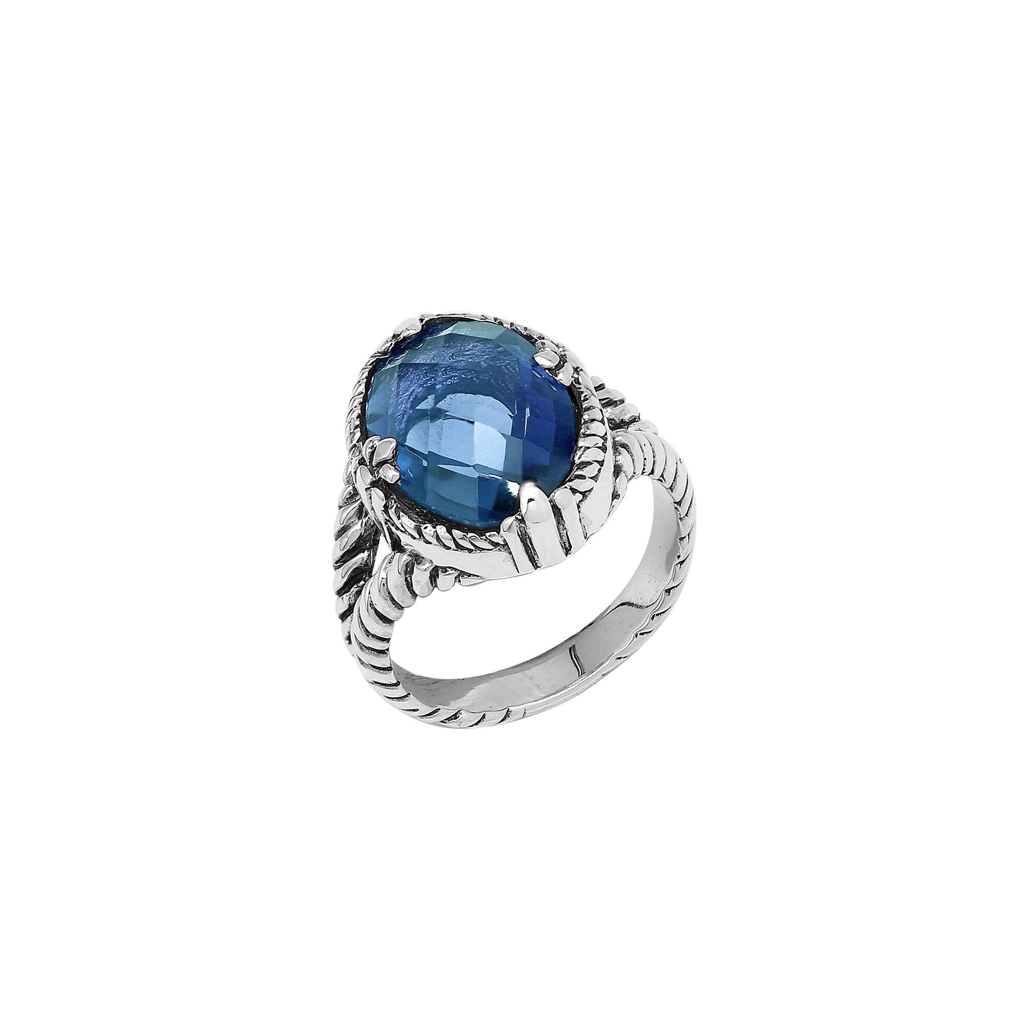 Sterling Silver London Blue Topaz Quartz Oval Rope Design Heritage Ring With Balinese Craft Detailing.