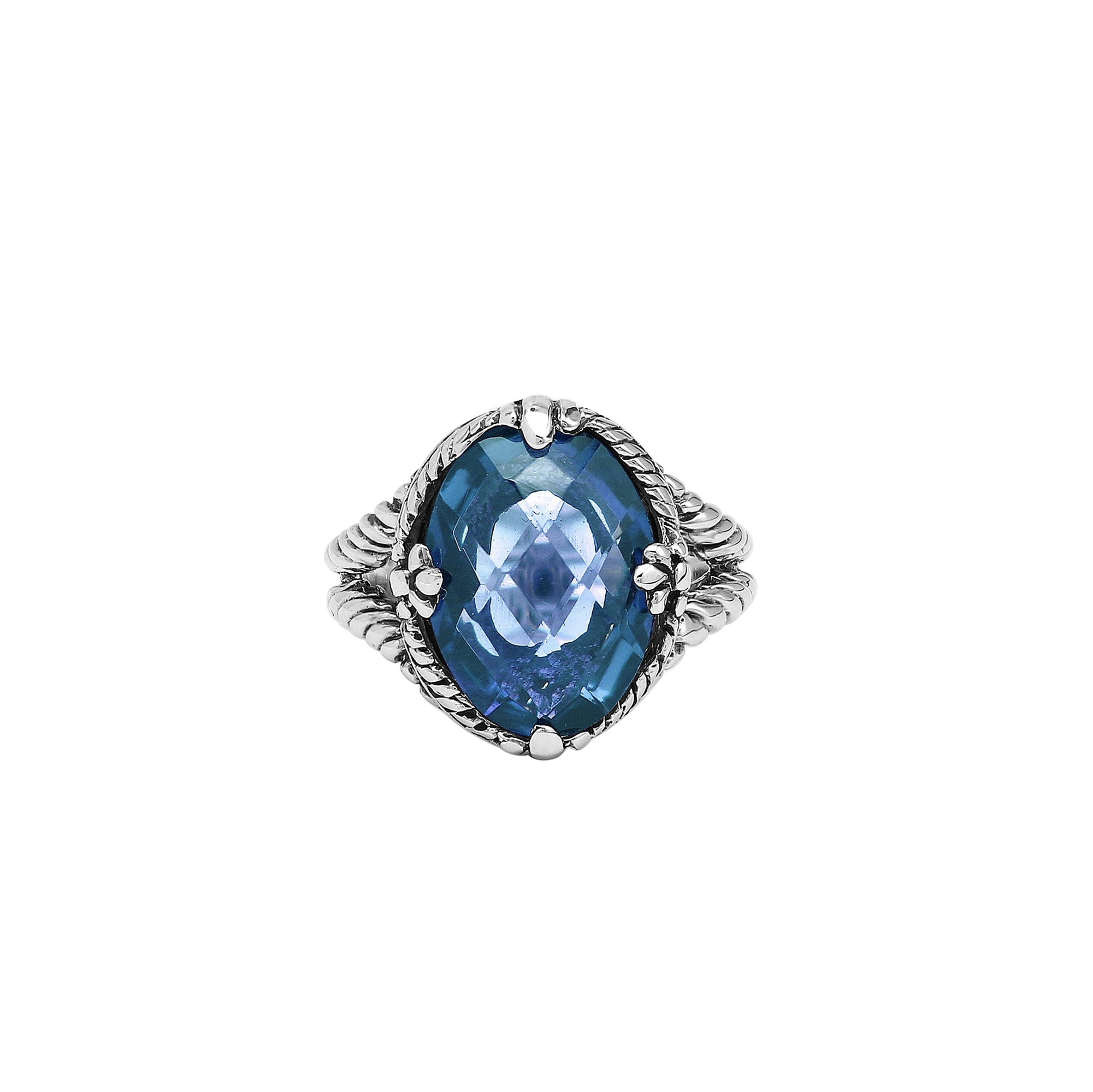 Sterling Silver London Blue Topaz Quartz Oval Rope Design Heritage Ring With Balinese Craft Detailing.