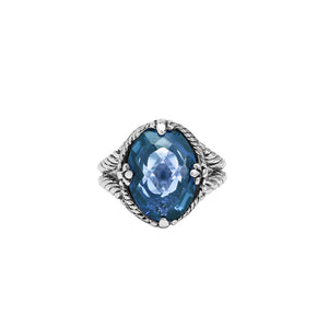 Sterling Silver London Blue Topaz Quartz Oval Rope Design Heritage Ring With Balinese Craft Detailing.