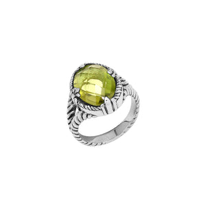 Sterling Silver Lemon Quartz Oval Rope Design Heritage Ring With Balinese Craft Detailing.