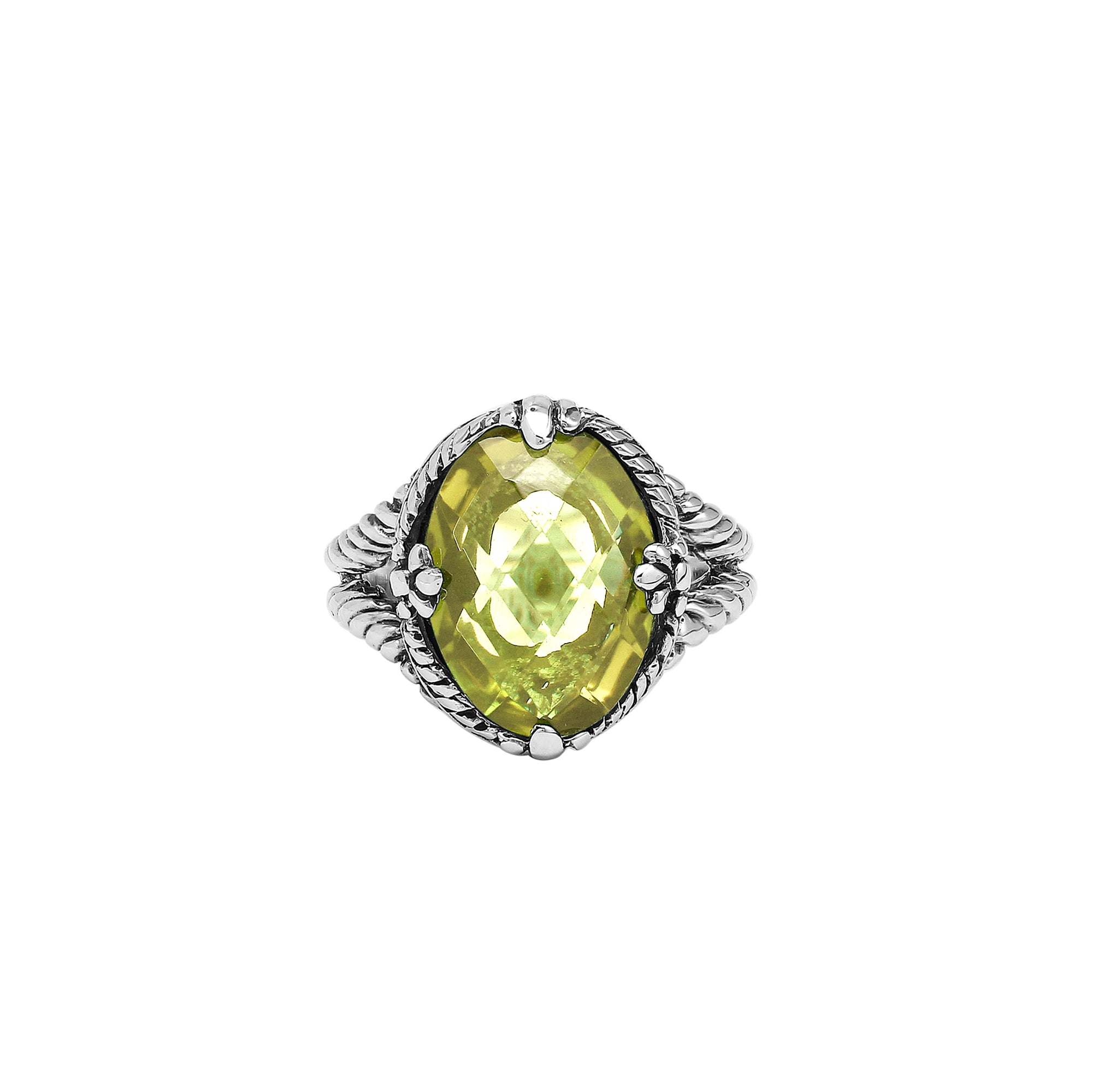 Sterling Silver Lemon Quartz Oval Rope Design Heritage Ring With Balinese Craft Detailing.