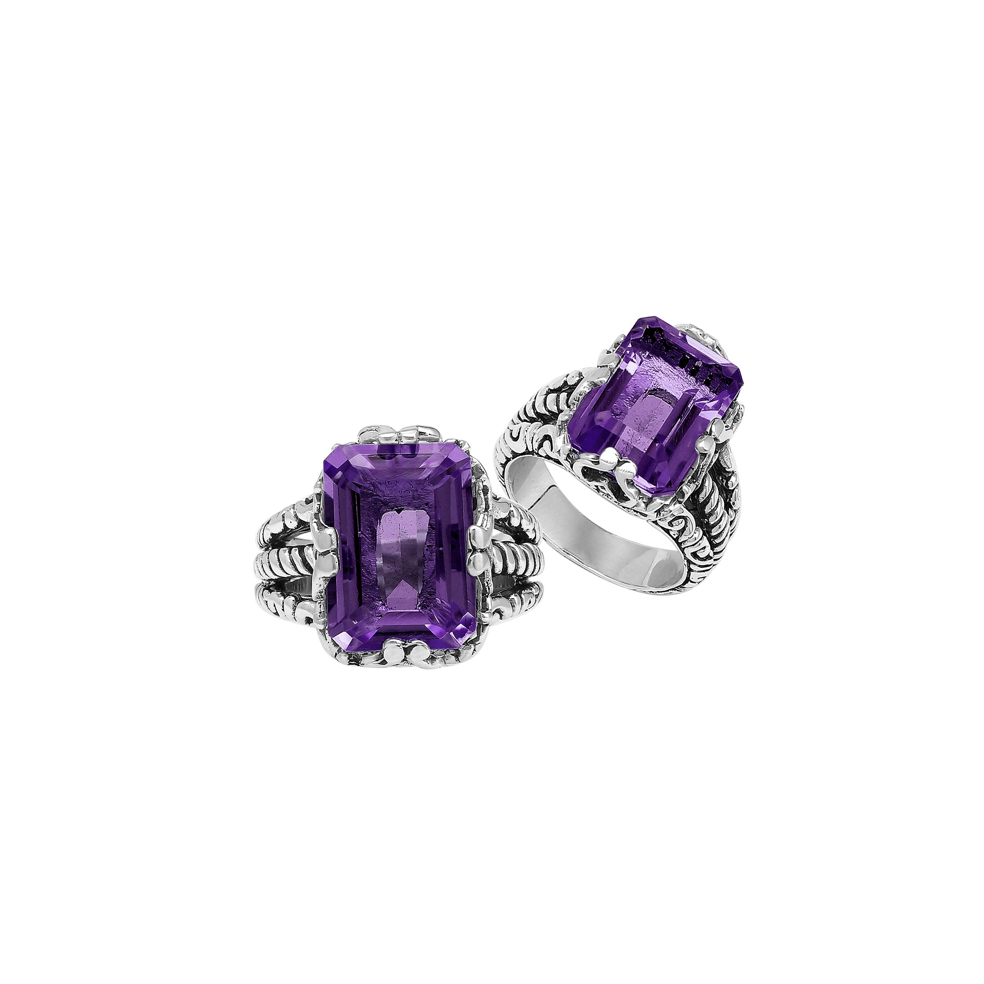 Sterling Silver Amethyst Quartz Emerald Cut Rope Design Heritage Ring With Balinese Craft Detailing.