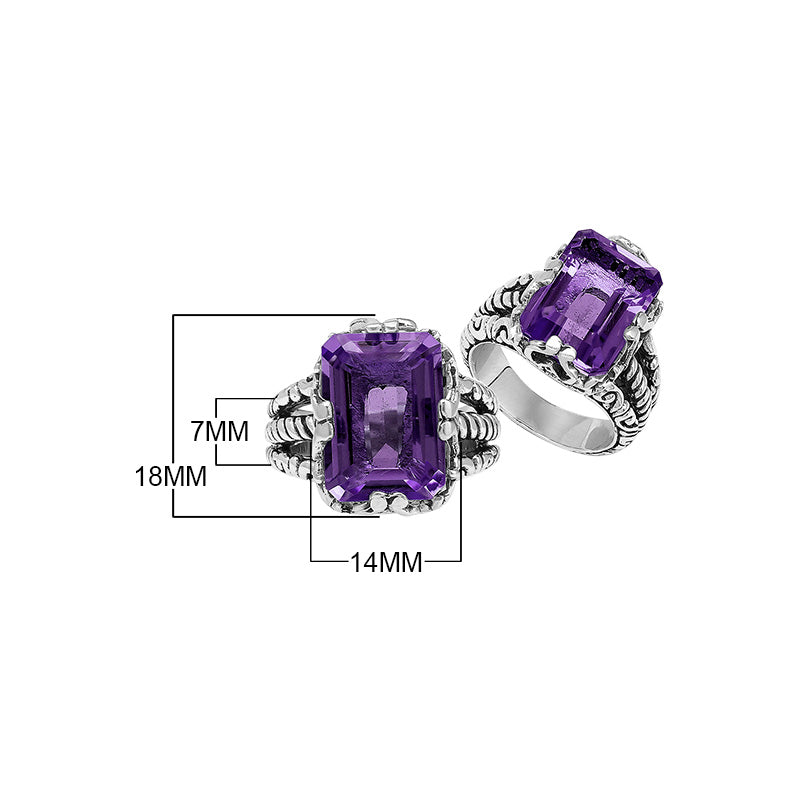 Sterling Silver Amethyst Quartz Emerald Cut Rope Design Heritage Ring With Balinese Craft Detailing.