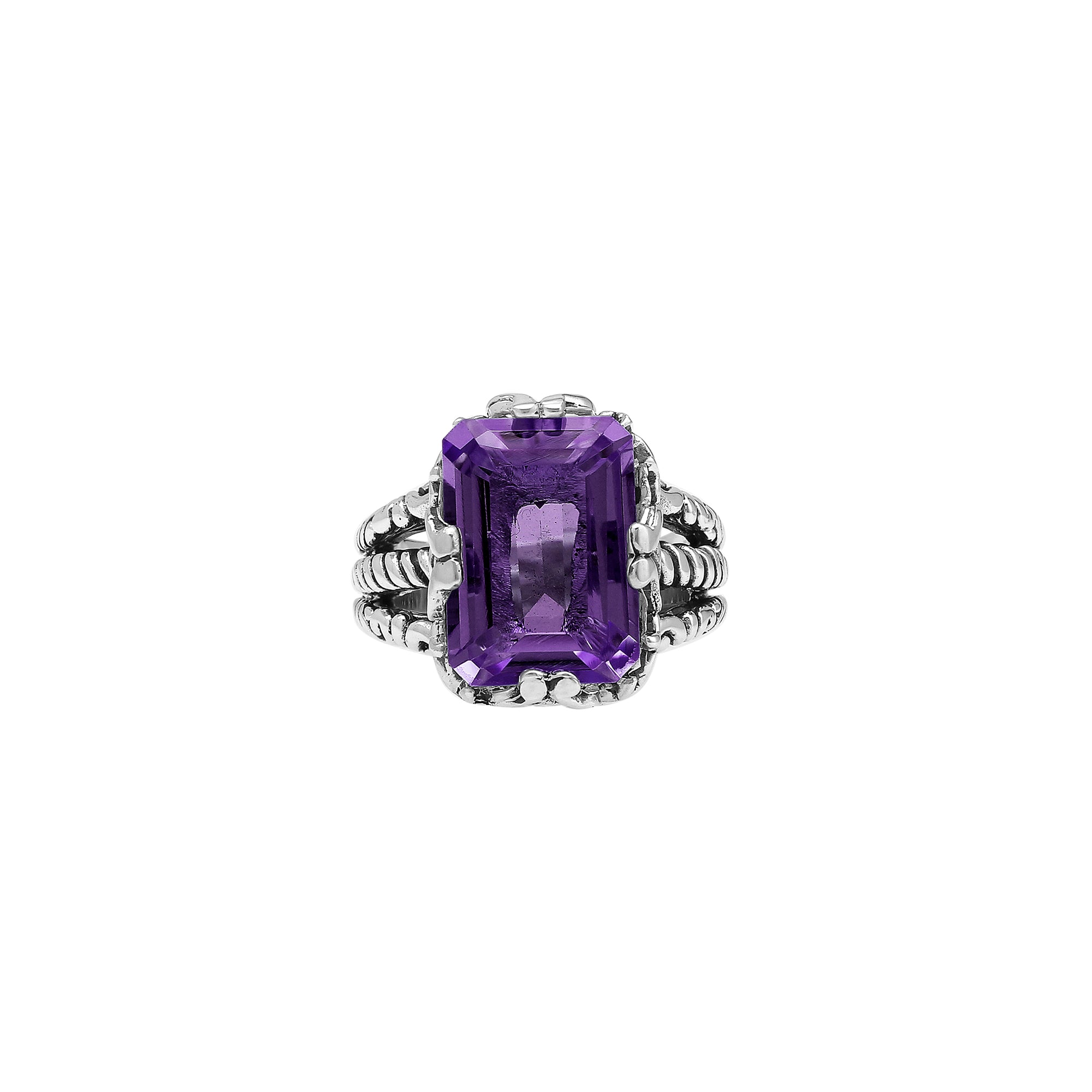 Sterling Silver Amethyst Quartz Emerald Cut Rope Design Heritage Ring With Balinese Craft Detailing.