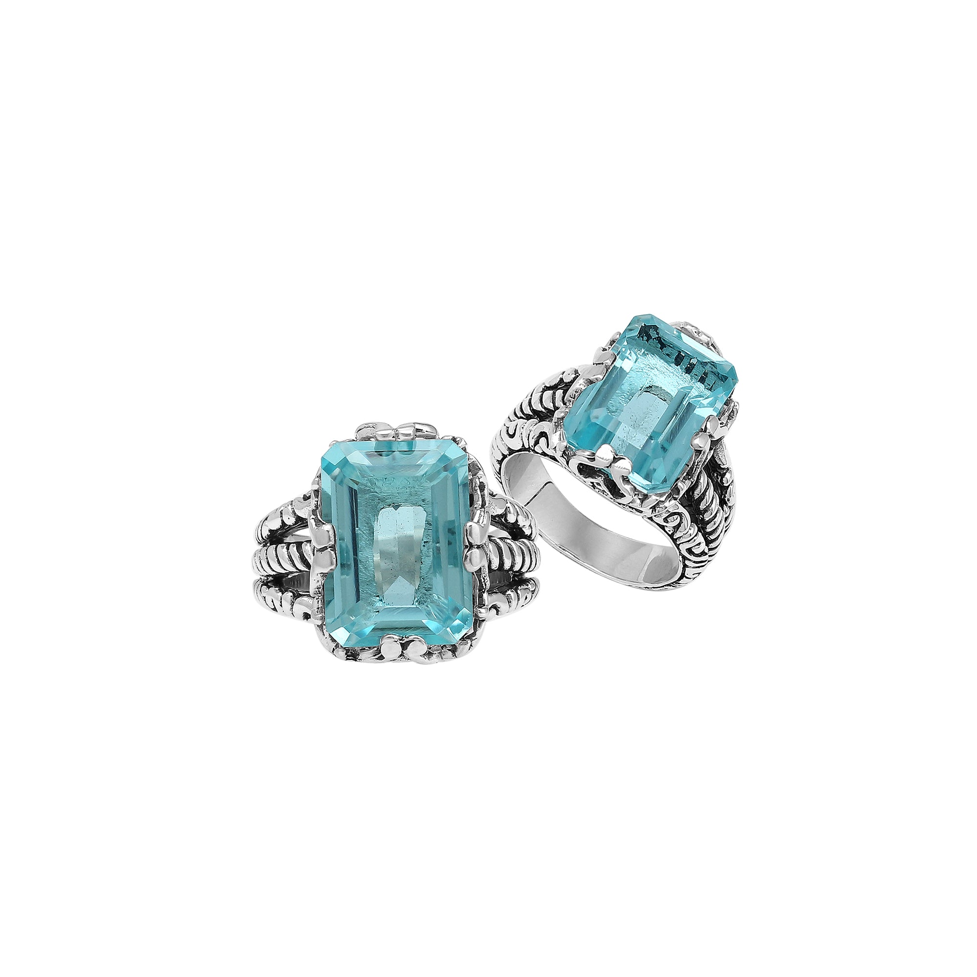 Sterling Silver Blue Topaz Quartz Emerald Cut Rope Design Heritage Ring With Balinese Craft Detailing.
