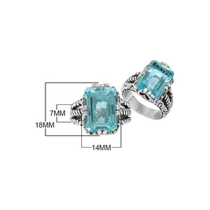 Sterling Silver Blue Topaz Quartz Emerald Cut Rope Design Heritage Ring With Balinese Craft Detailing.