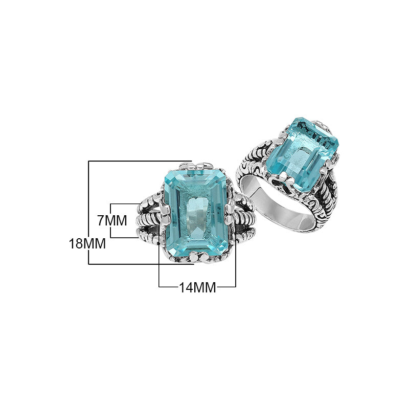 Sterling Silver Blue Topaz Quartz Emerald Cut Rope Design Heritage Ring With Balinese Craft Detailing.