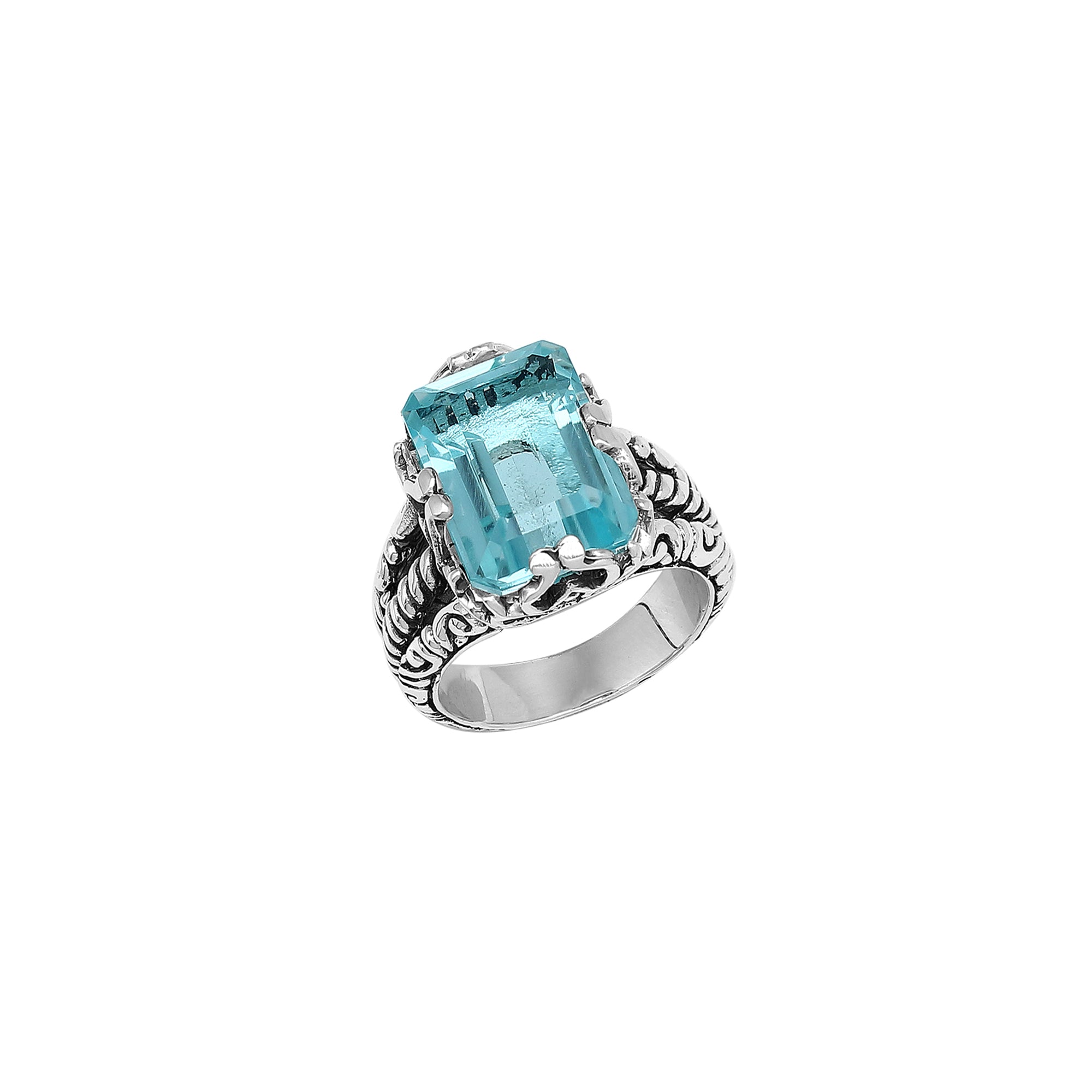 Sterling Silver Blue Topaz Quartz Emerald Cut Rope Design Heritage Ring With Balinese Craft Detailing.