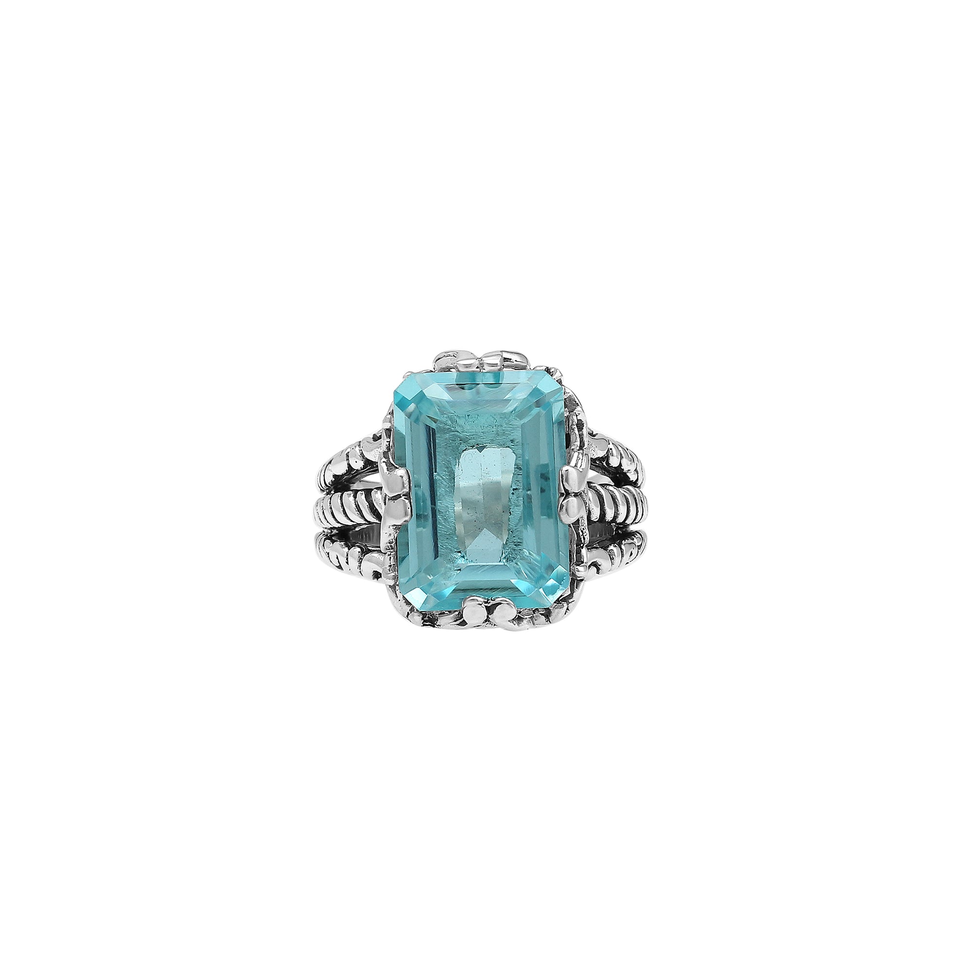Sterling Silver Blue Topaz Quartz Emerald Cut Rope Design Heritage Ring With Balinese Craft Detailing.