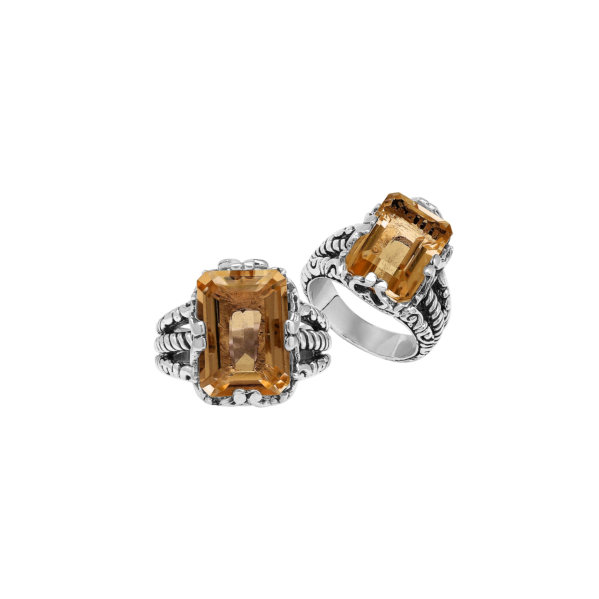 Sterling Silver Citrine Quartz Emerald Cut Rope Design Heritage Ring With Balinese Craft Detailing.