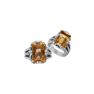 Sterling Silver Citrine Quartz Emerald Cut Rope Design Heritage Ring With Balinese Craft Detailing.