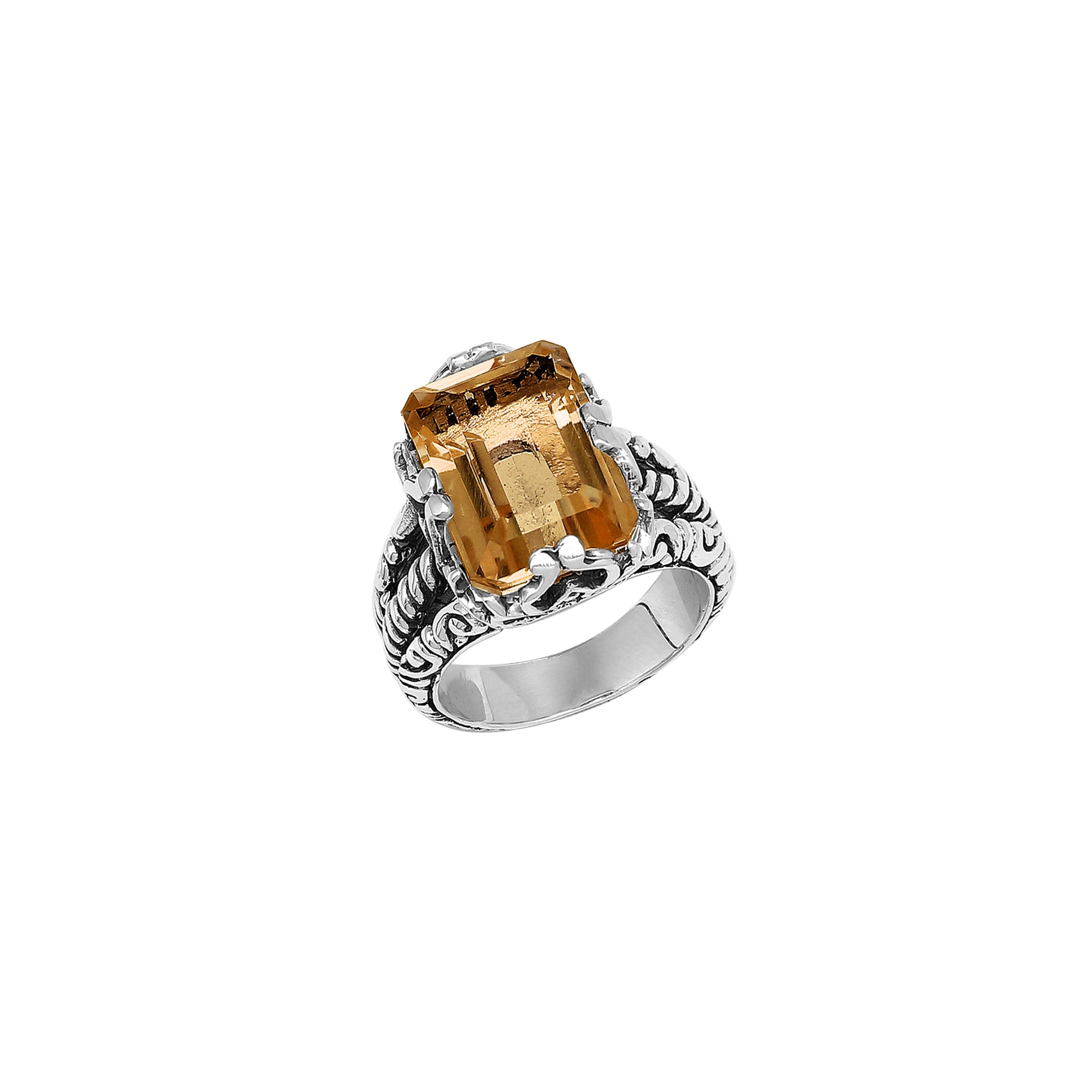 Sterling Silver Citrine Quartz Emerald Cut Rope Design Heritage Ring With Balinese Craft Detailing.