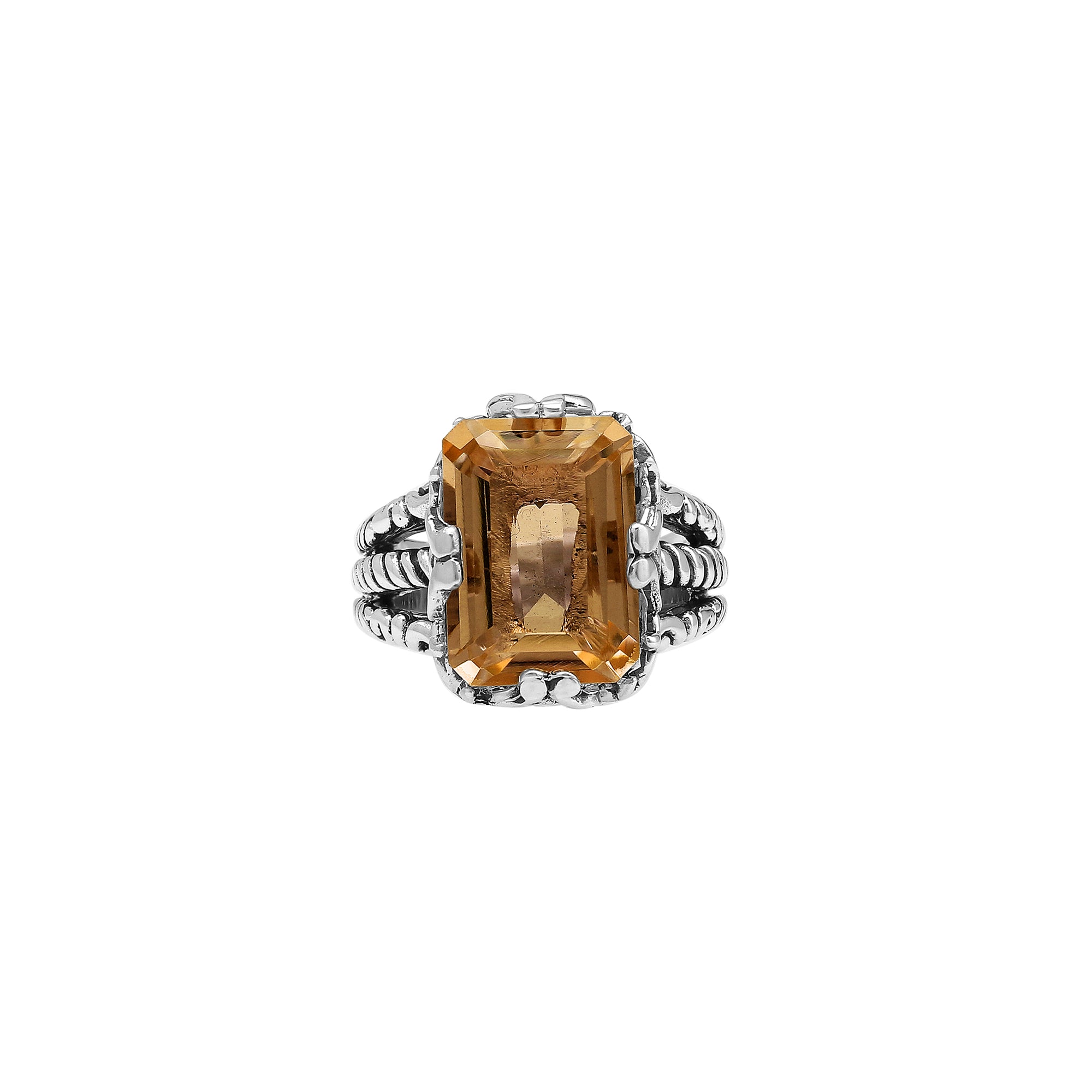 Sterling Silver Citrine Quartz Emerald Cut Rope Design Heritage Ring With Balinese Craft Detailing.