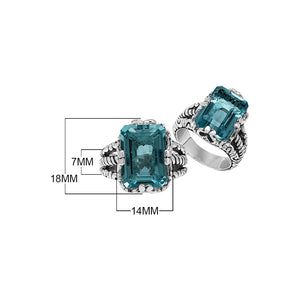 Sterling Silver London Blue Topaz Quartz Emerald Cut Rope Design Heritage Ring With Balinese Craft Detailing.